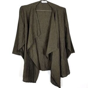 BRYN WALKER Women  Open Linen Drape Top Size L Brown Olive Green 3/4 sleeve